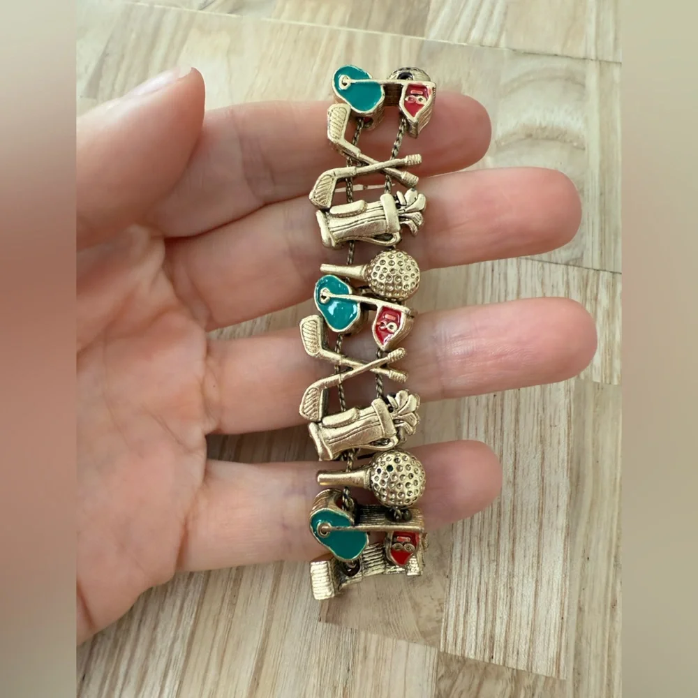 Vintage gold tone golf charm slider bracelet